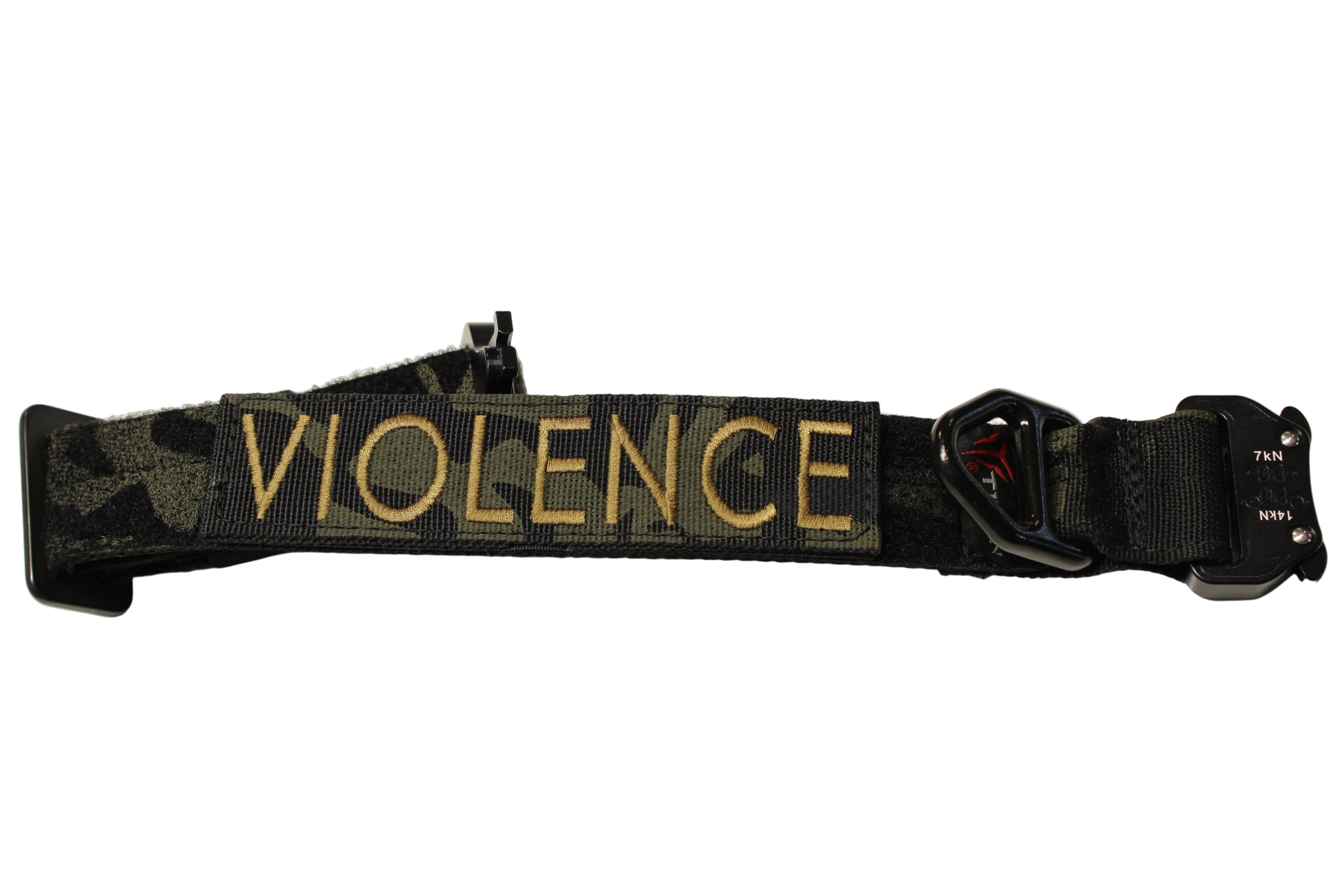 Dog collar with 'VIOLENCE' text on a white background