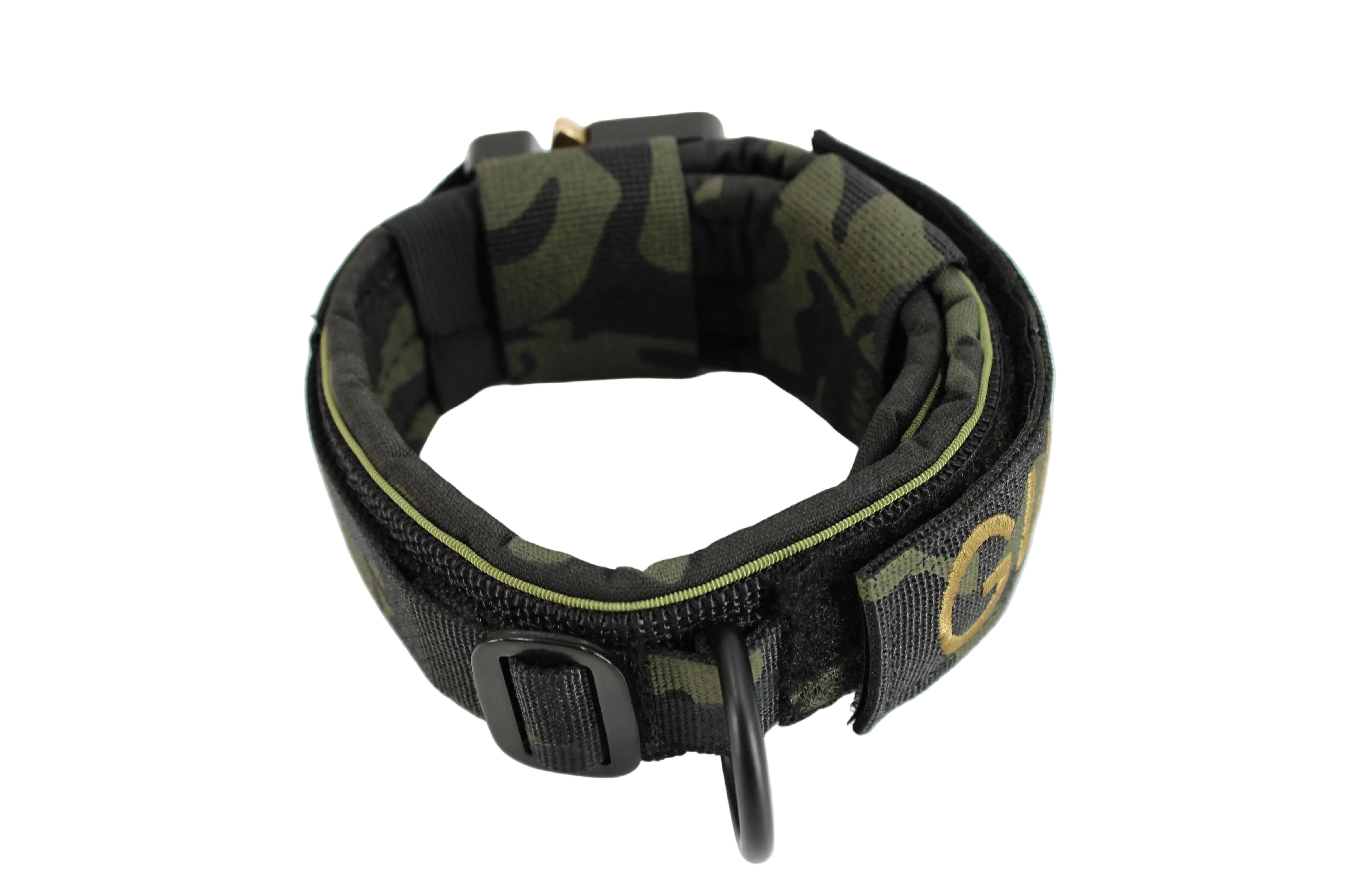 Camouflage dog collar with a black buckle on a white background