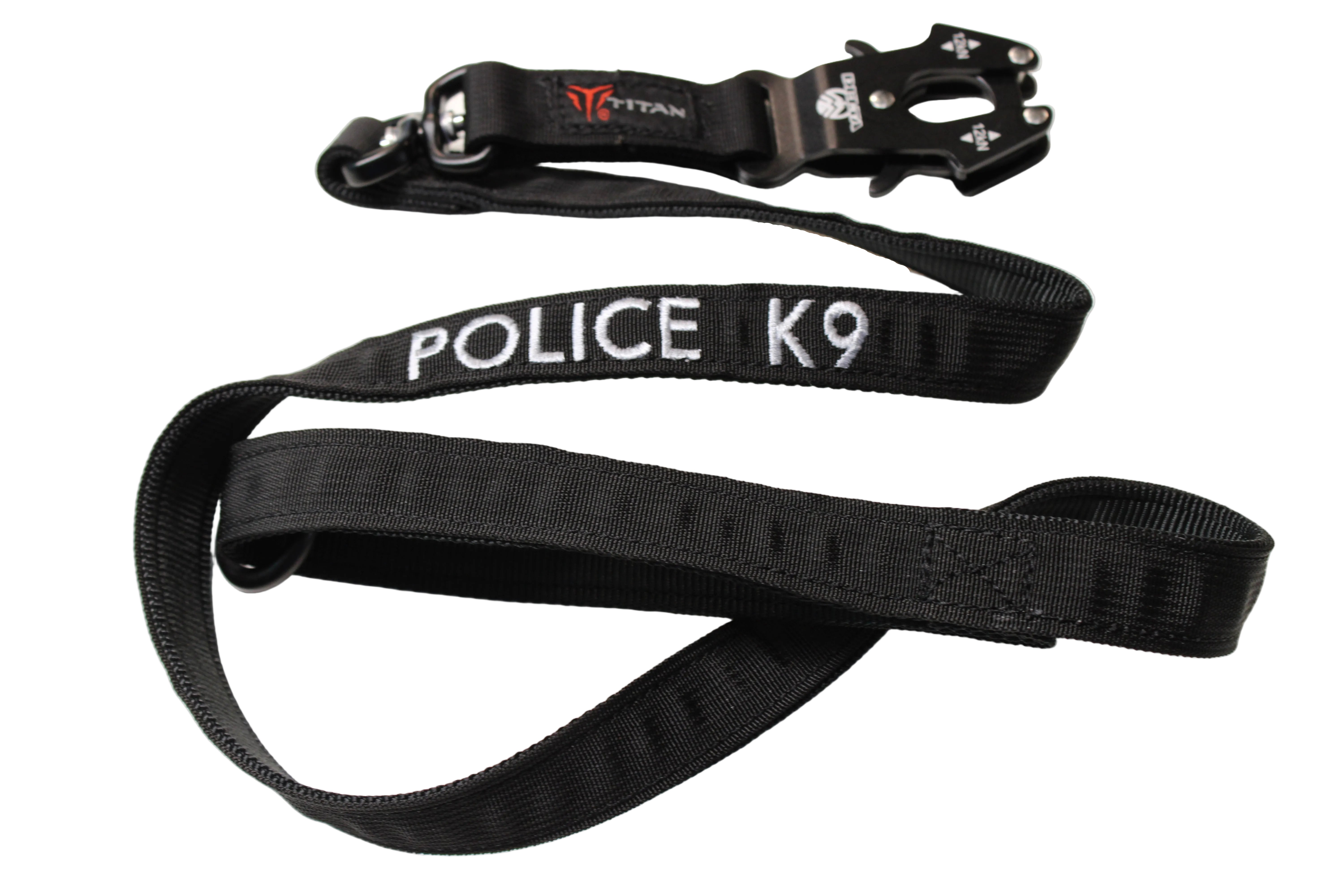 Black 'POLICE K9' dog leash with a clip on a white background