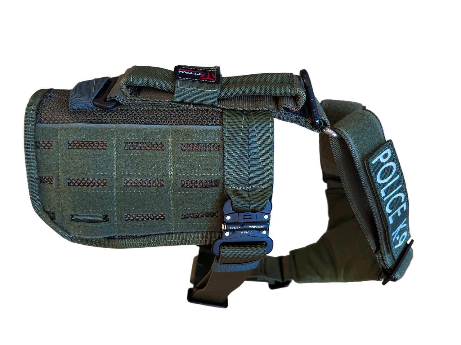 Green tactical dog harness with 'POLICE K9' label on a white background