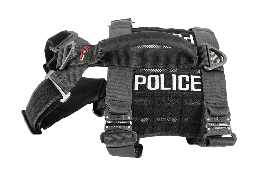 Black police tactical harness with 'POLICE' branding on a white background