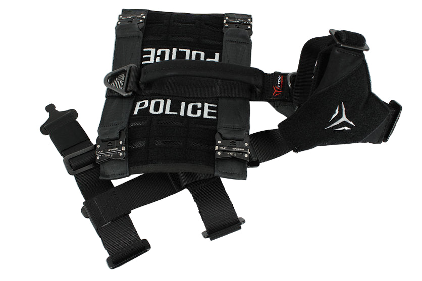 Black police tactical harness with visible branding on a white background