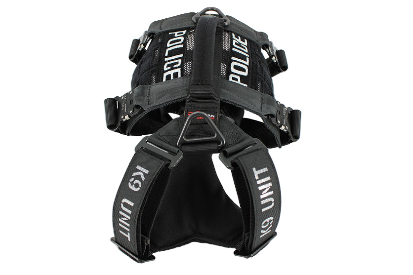 Black police harness with 'POLICE' and 'K9 UNIT' text on a white background