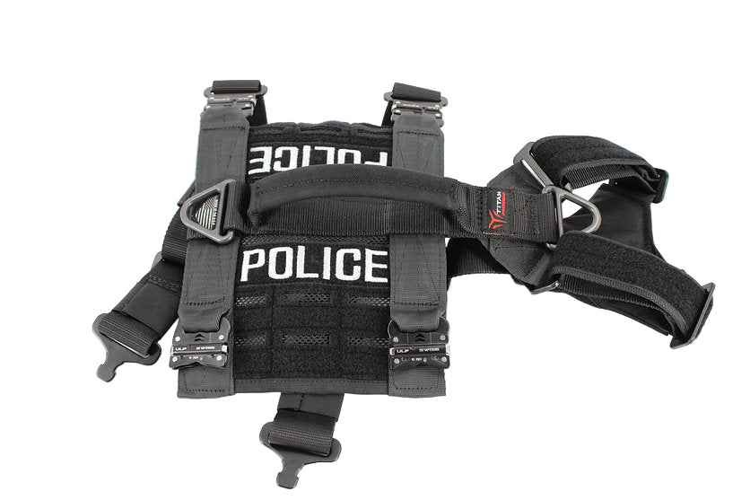 Black police tactical harness on a white background