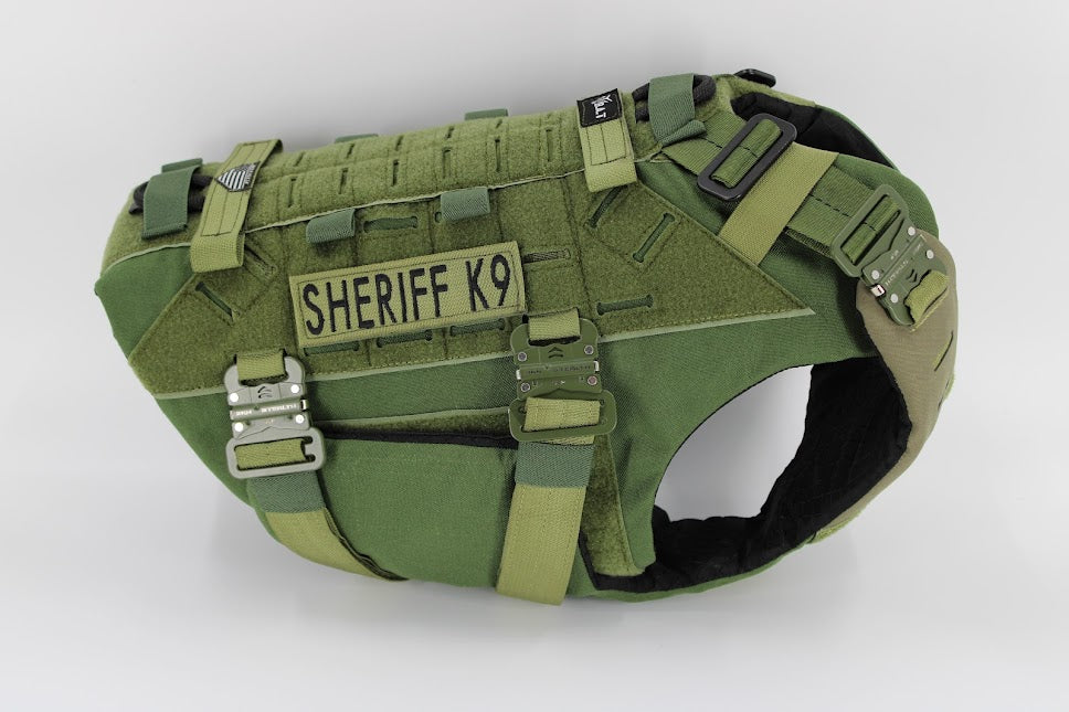 Green B.A.T K9 Ballistic Protection System with tactical MOLLE attachments