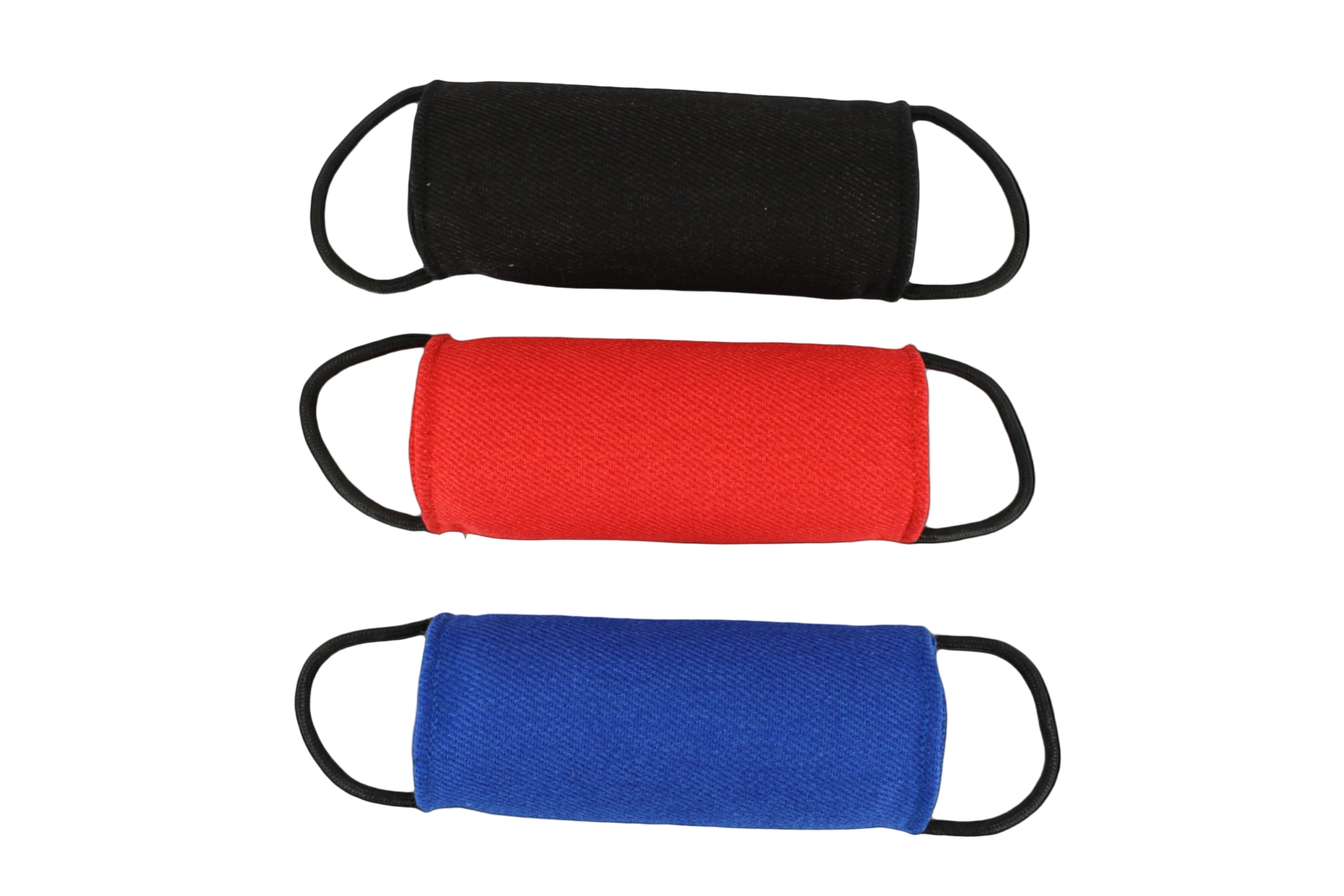 Three french linen dog training aides in black, red, and blue Titan Ultra K9