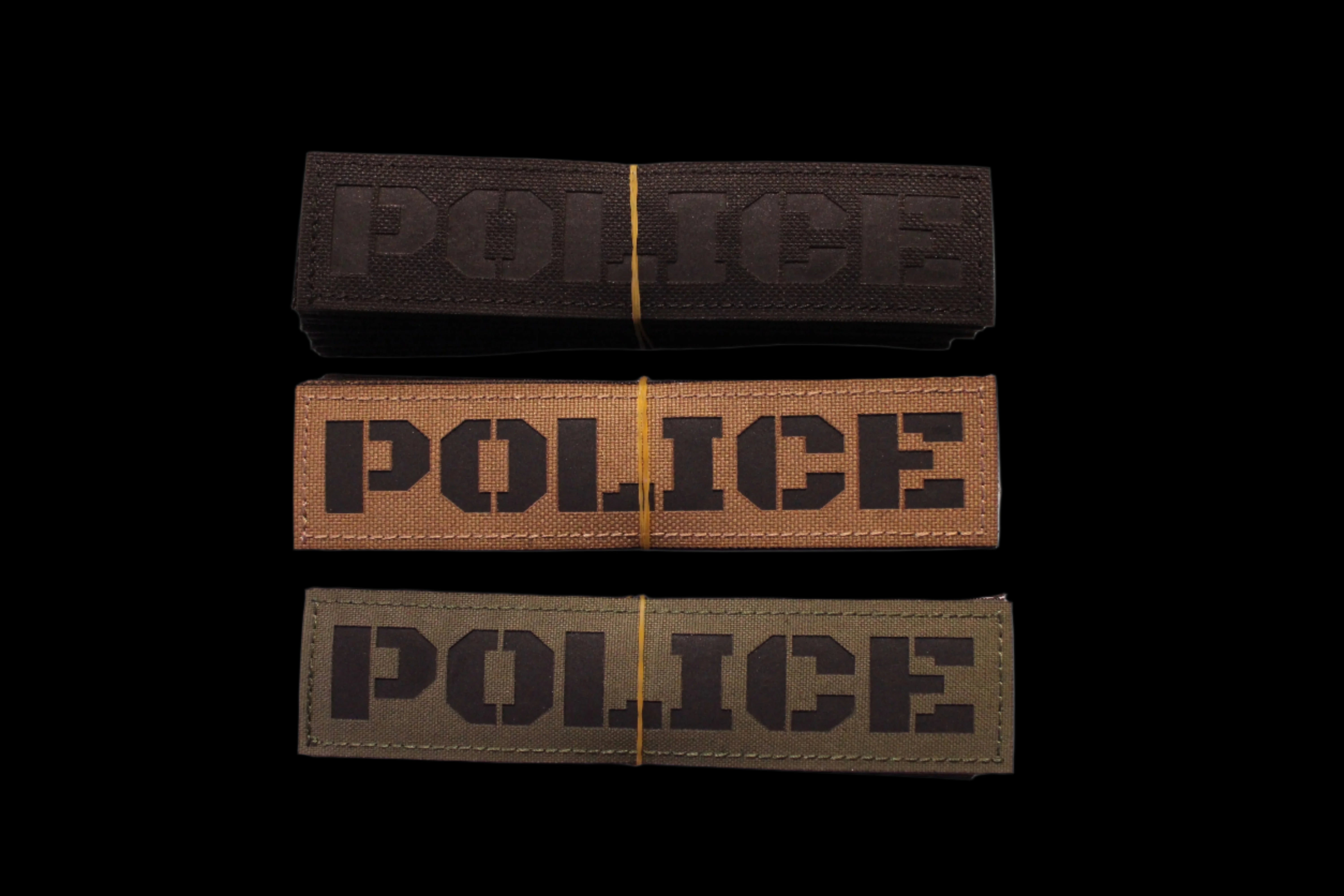 Police Patch on Black, Coyote brown, and Olive Drab green