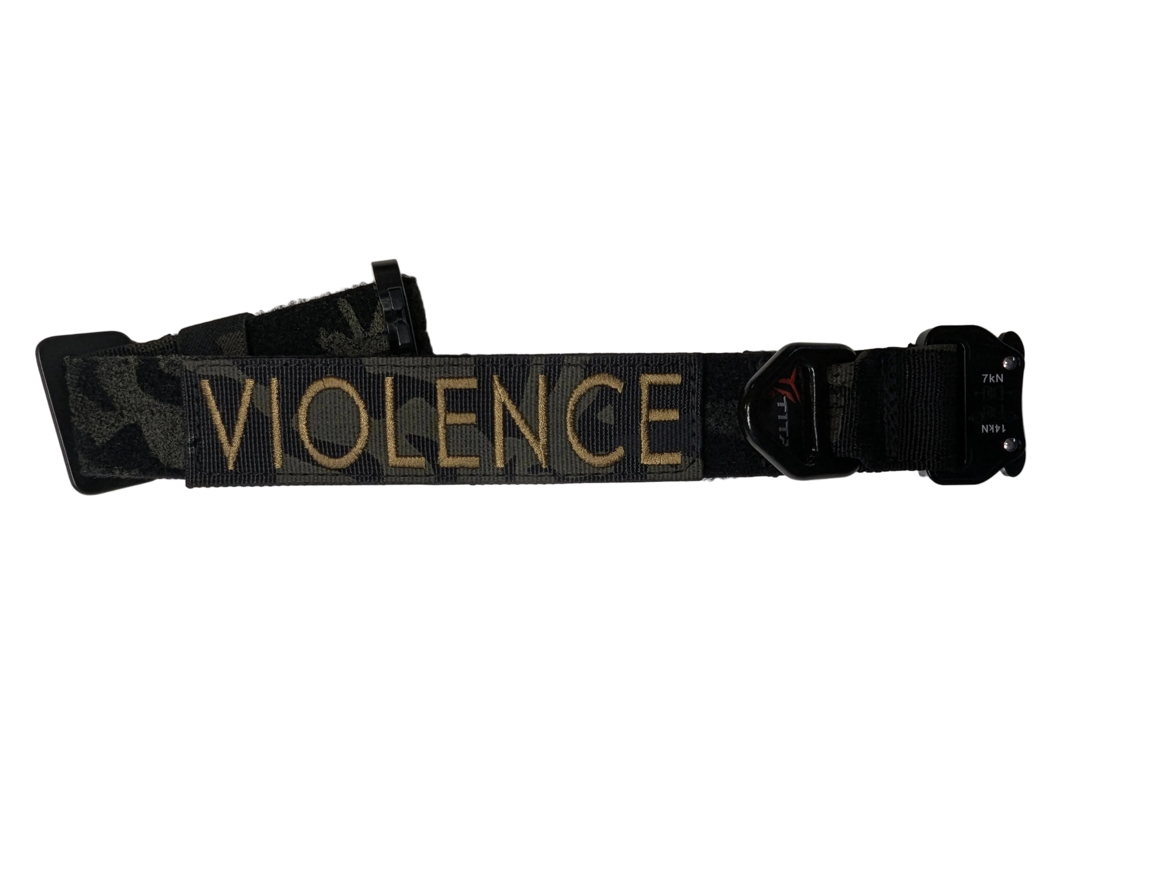 Black belt with 'VIOLENCE' text on a white background