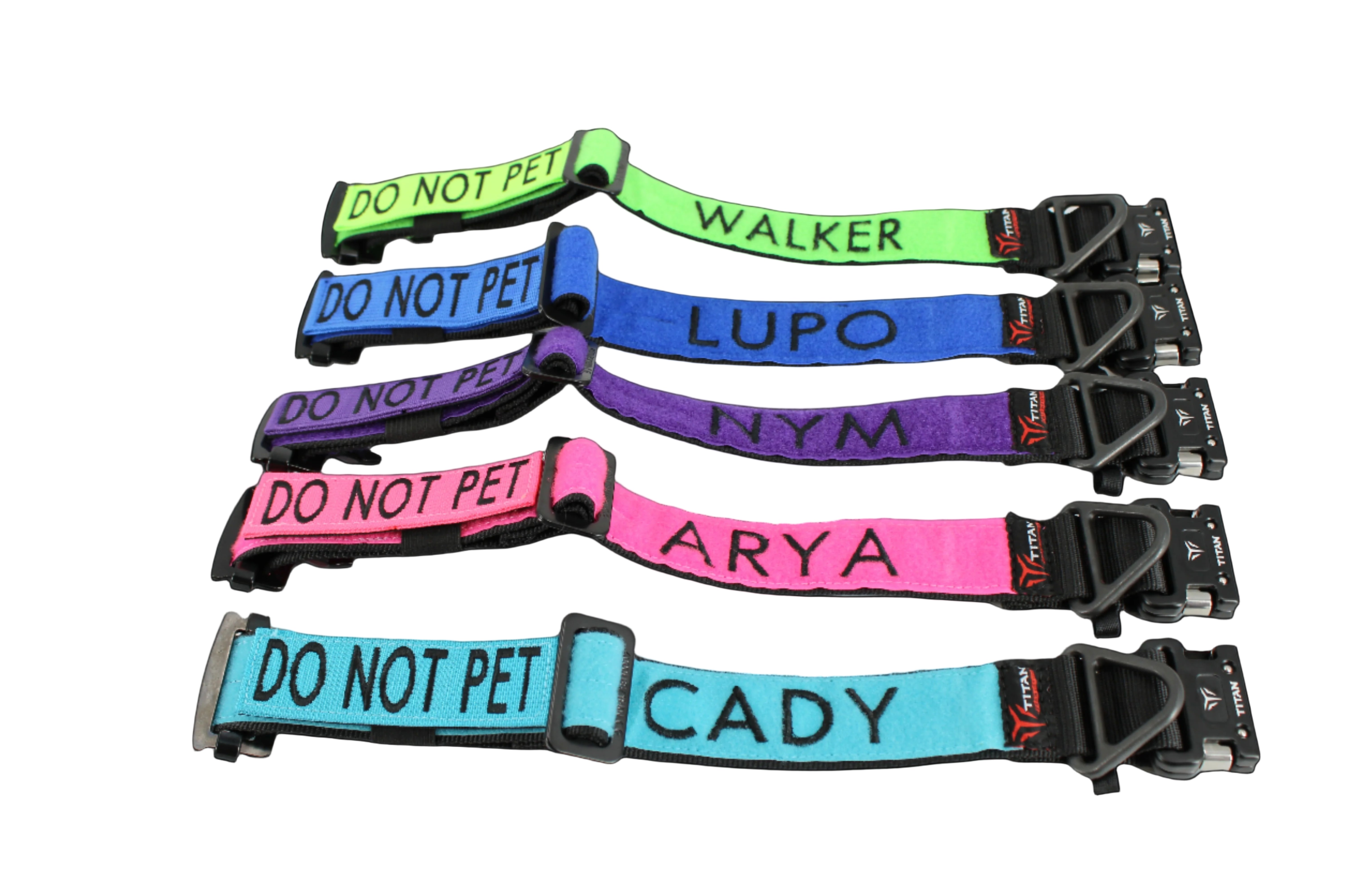 Set of colorful dog collars with personalized names embroidered, made by Titan Ultra K9