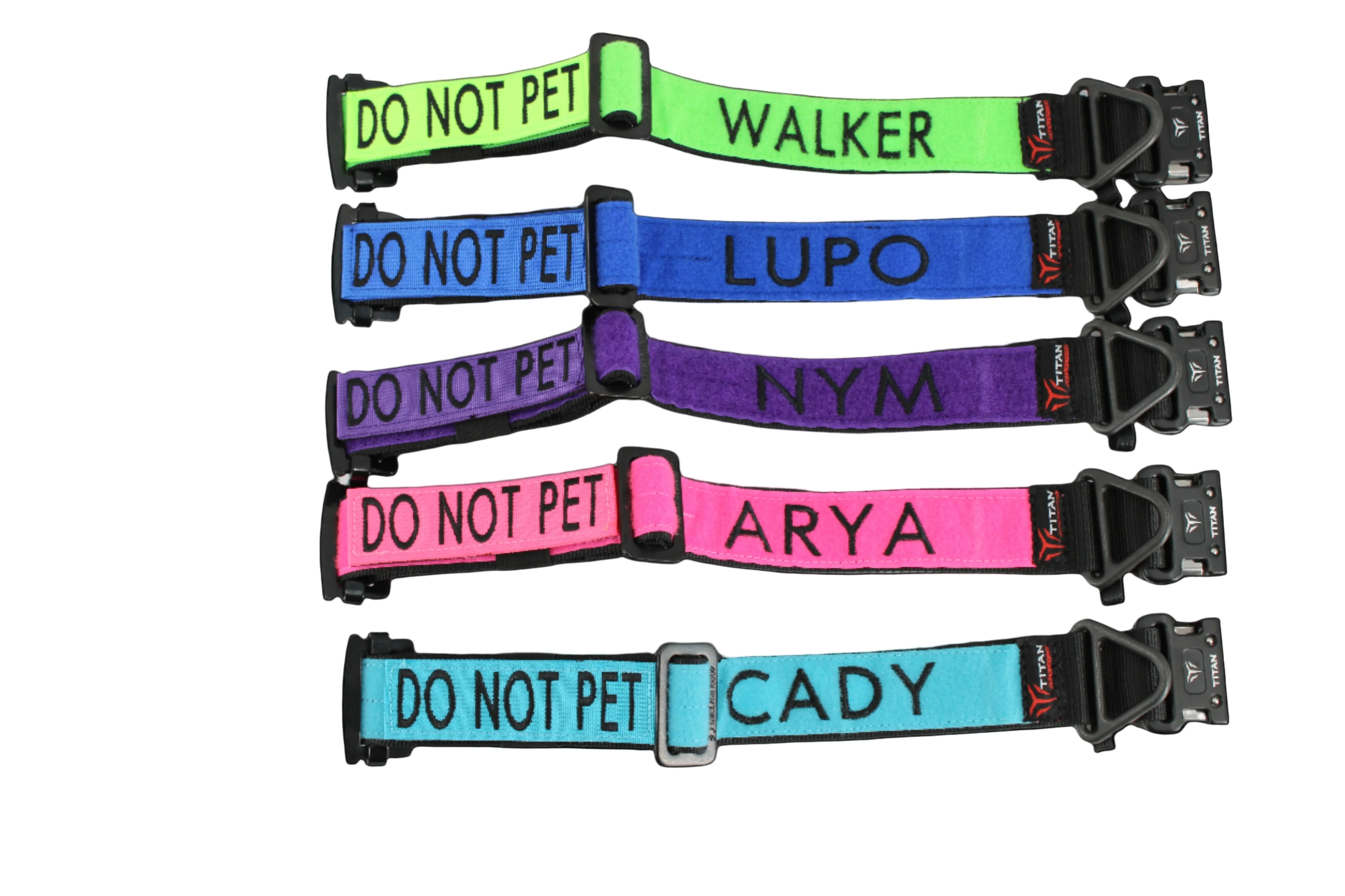 Set of colorful dog collars with names embroidered on them, made by Titan Ultra K9