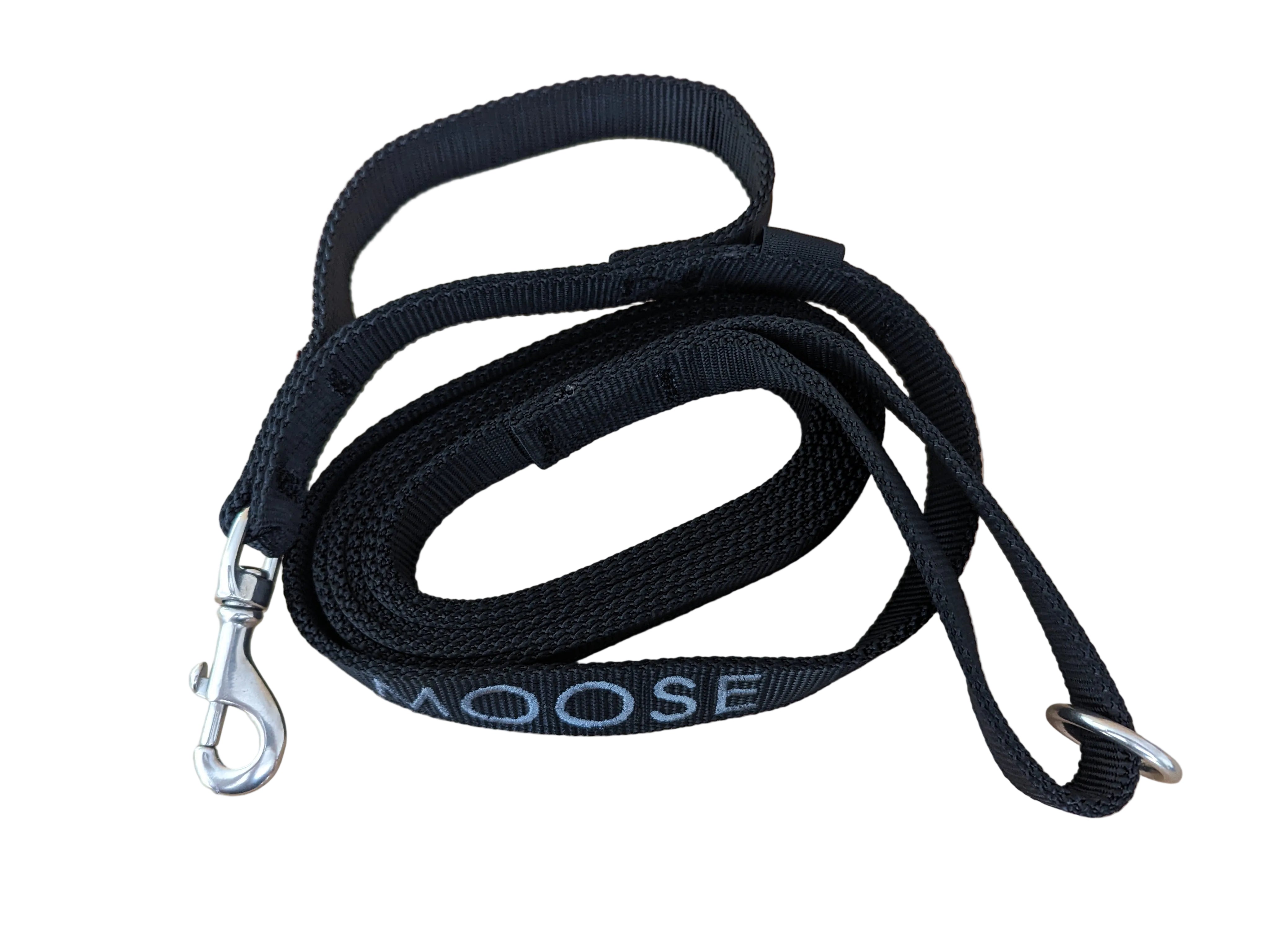 A professional double handle lead for working dogs shown in tactical black, featuring reinforced mil-spec webbing and a heavy-duty swivel carabiner for agitation training