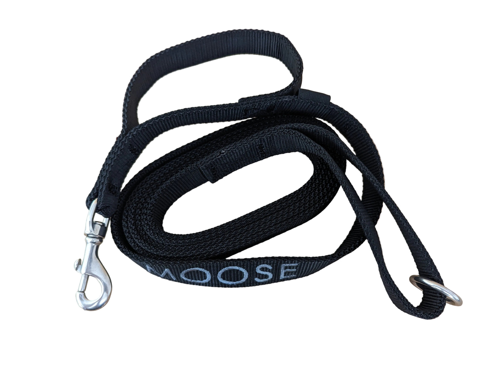 A professional double handle lead for working dogs shown in tactical black, featuring reinforced mil-spec webbing and a heavy-duty swivel carabiner for agitation training