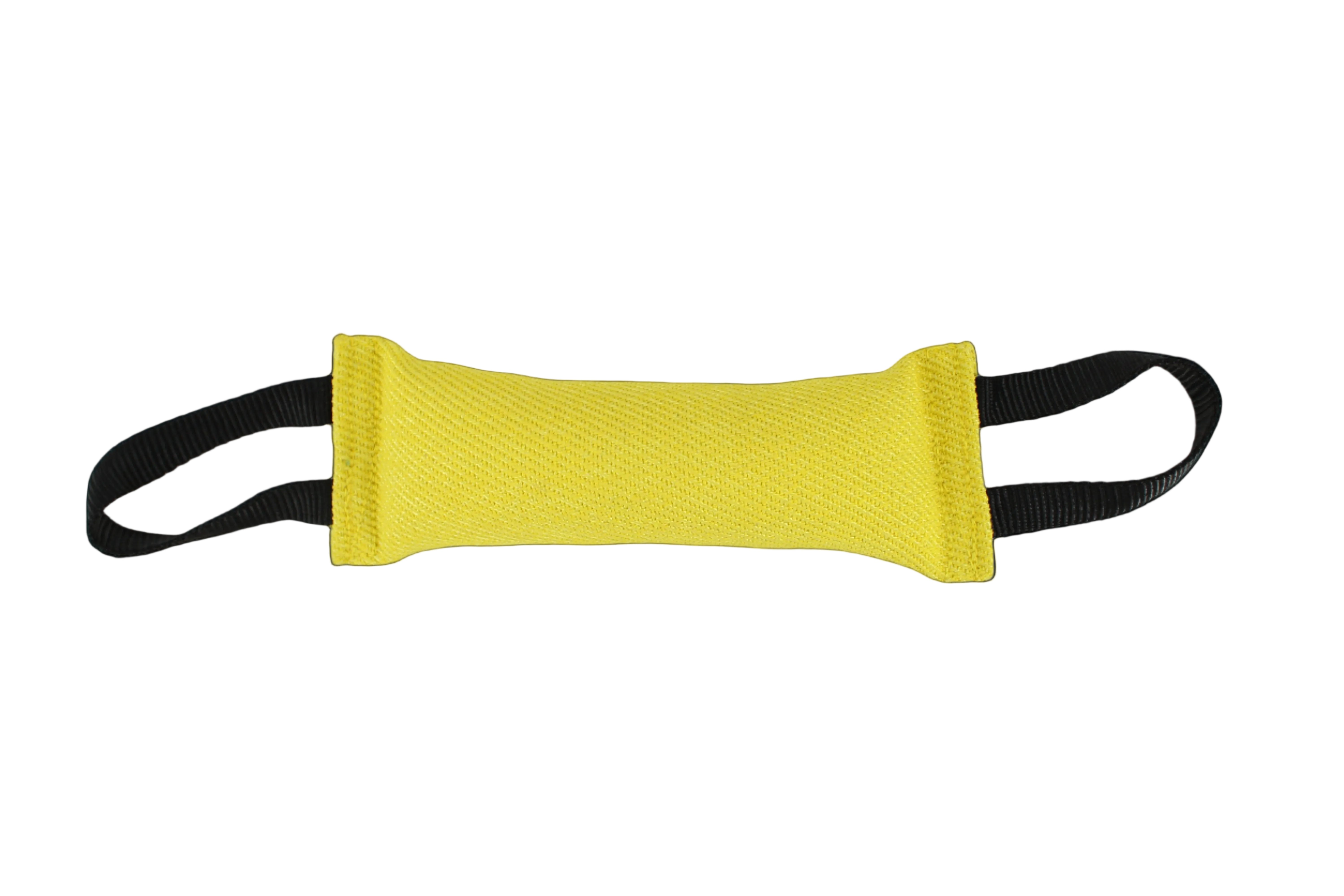 Yellow dog reward tug toy with black straps by Titan Ultra K9