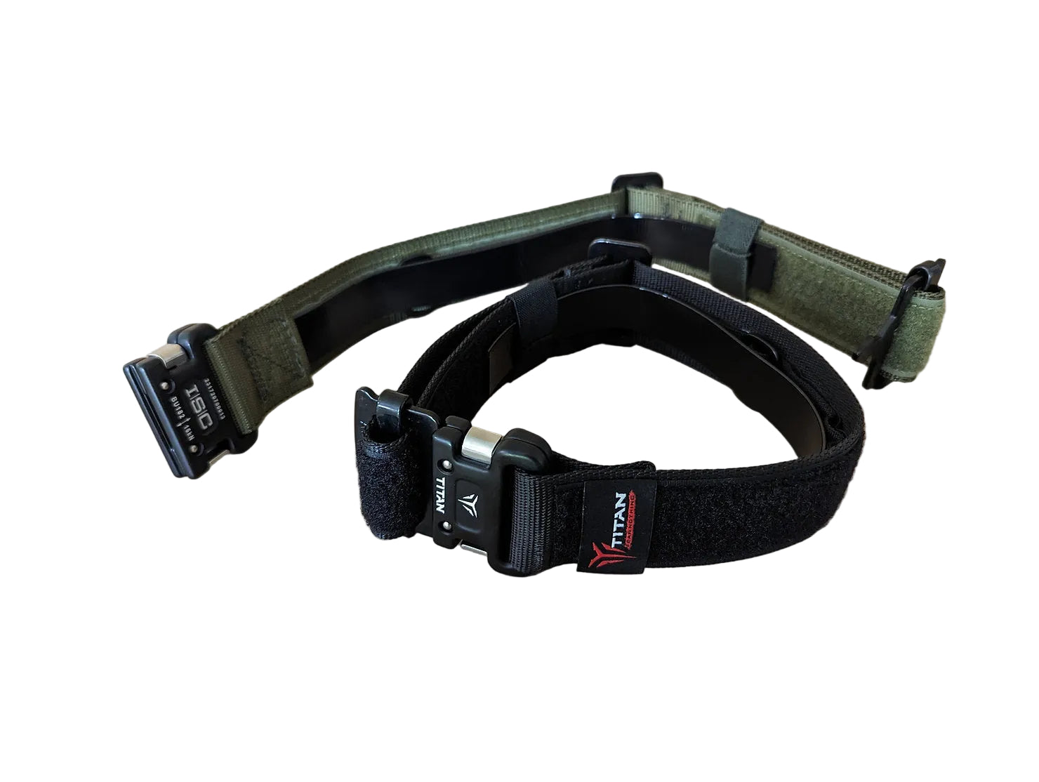 Two dog collars, one black and one green, on a beige surface.