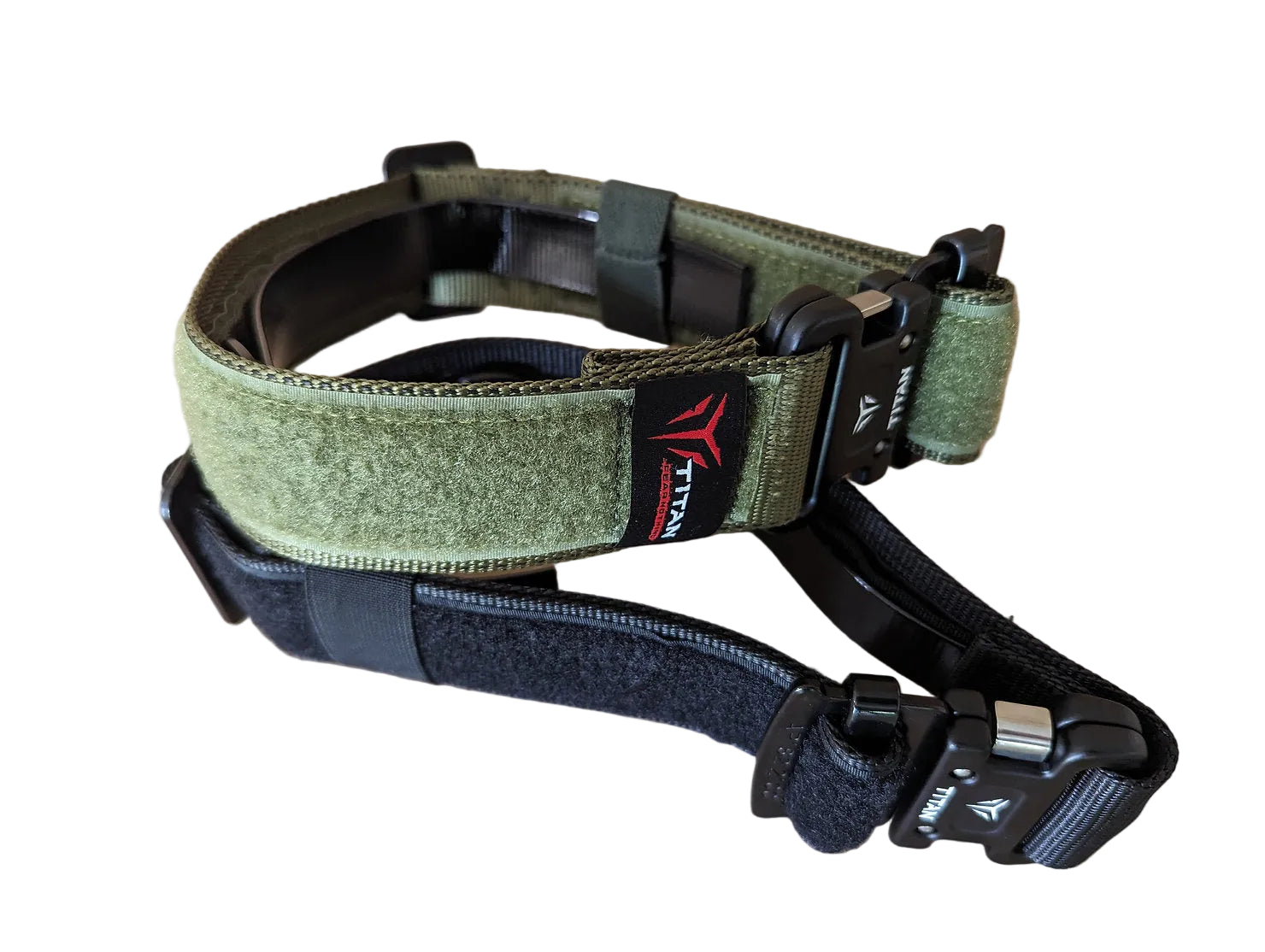 Green and black dog collar with visible brand logo on a beige background