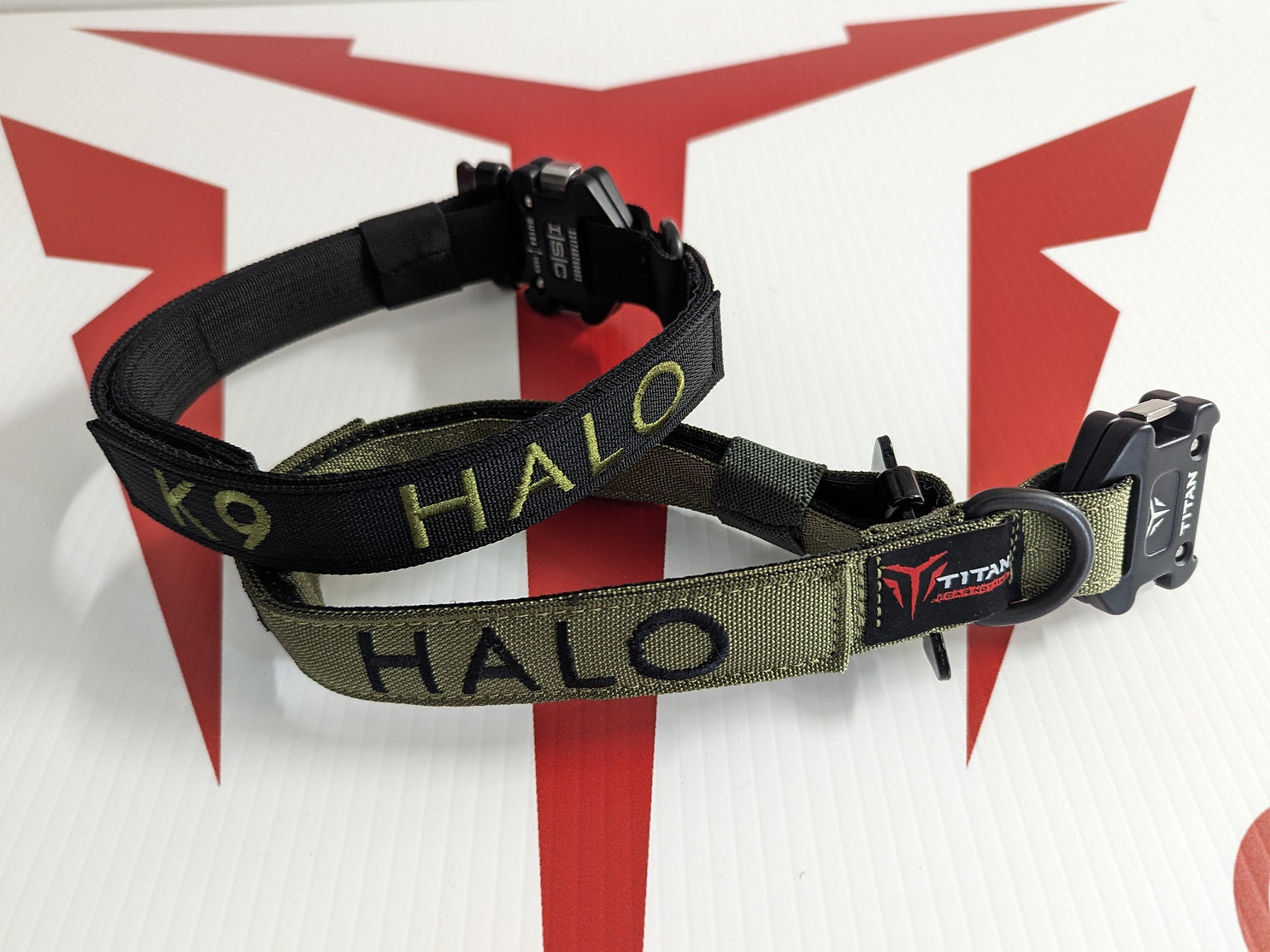 Two HALO branded dog collars on a red and white background